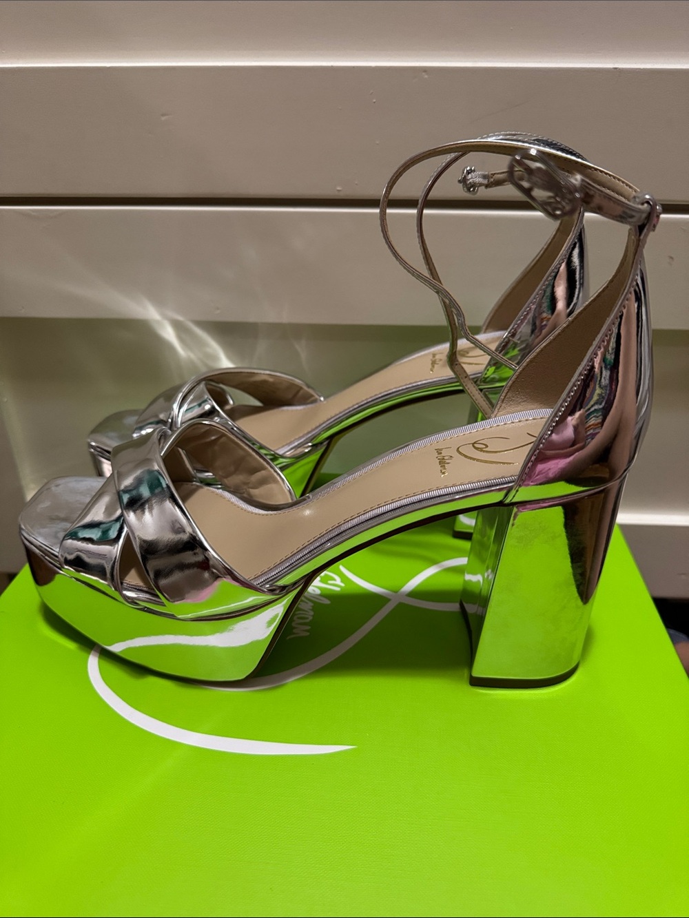 Sam Edelman Metallic Silver Platform Block Heel Sandals with Ankle Strap